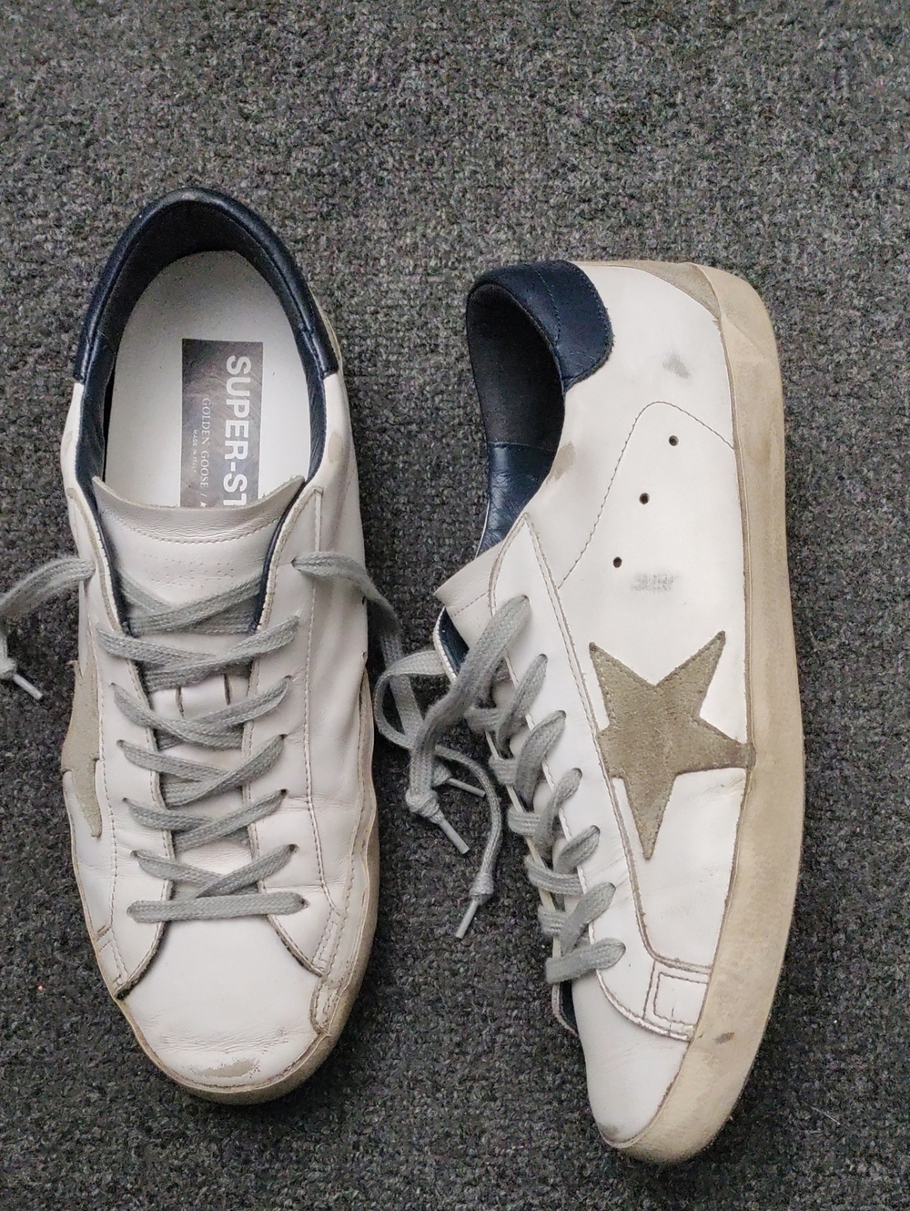 Golden Goose Men's White Leather Sneakers with Taupe Star and Navy Heel